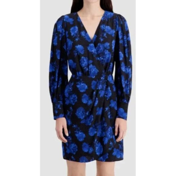 NWT Designer The Kooples Silk Dress // Blue and Black Floral // Size 3, Large - Picture 2 of 10